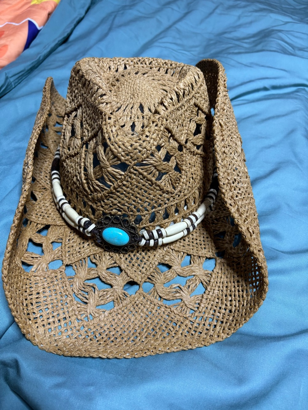 Brown Woven Straw Cowboy Hat with Turquoise Accent(NWT)